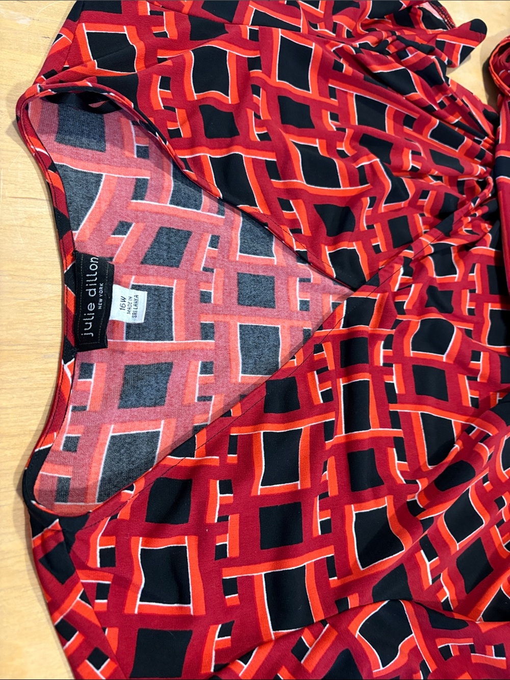 julie dillon ~ Wrap dress Rust Red Orange Black Geometric Casual Twirl Dress - Picture 2 of 5